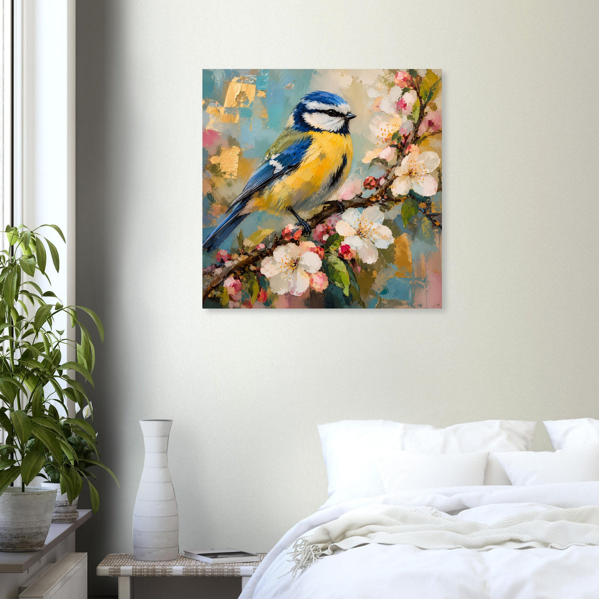Wandposter mit blau-gelbem Vogel auf blühendem Ast, quadratisch