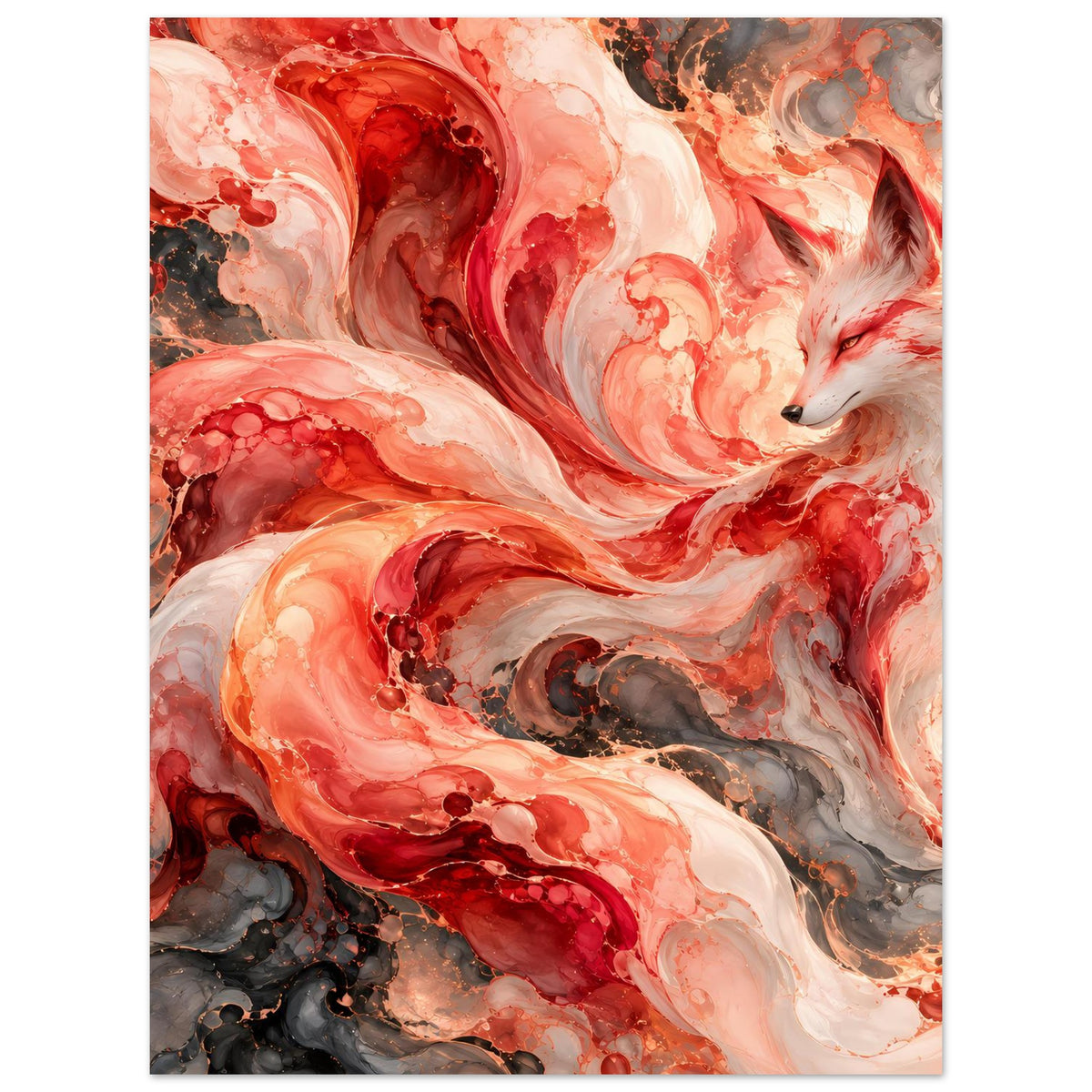 Hochformat-Poster mit Fuchs-Motiv, abstrakte Farbflächen in Rot, Orange, Creme und Dunkelgrau.