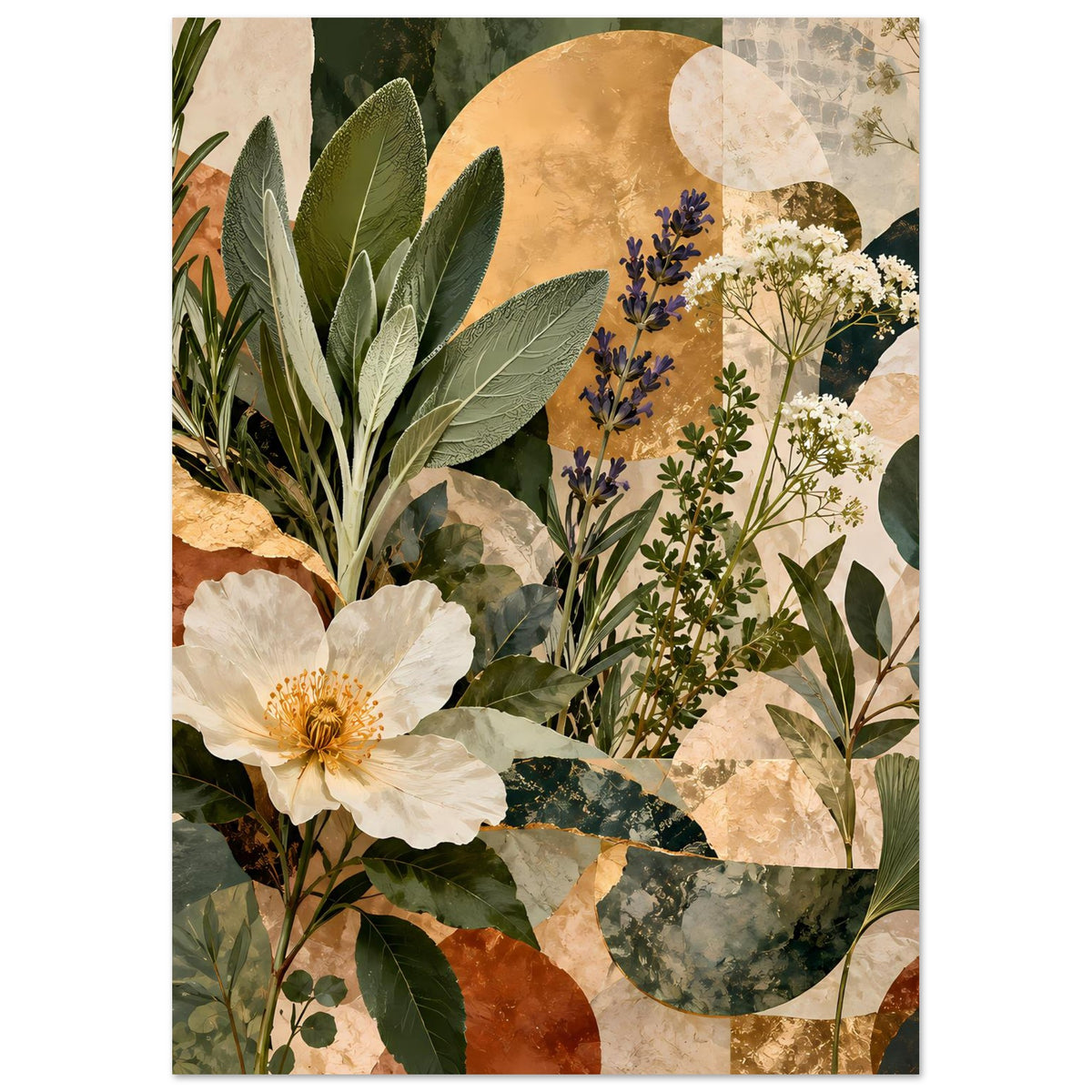 Botanisches Poster im Hochformat mit weißer Blüte, blauem Blütenzweig und grünen Blattakzenten