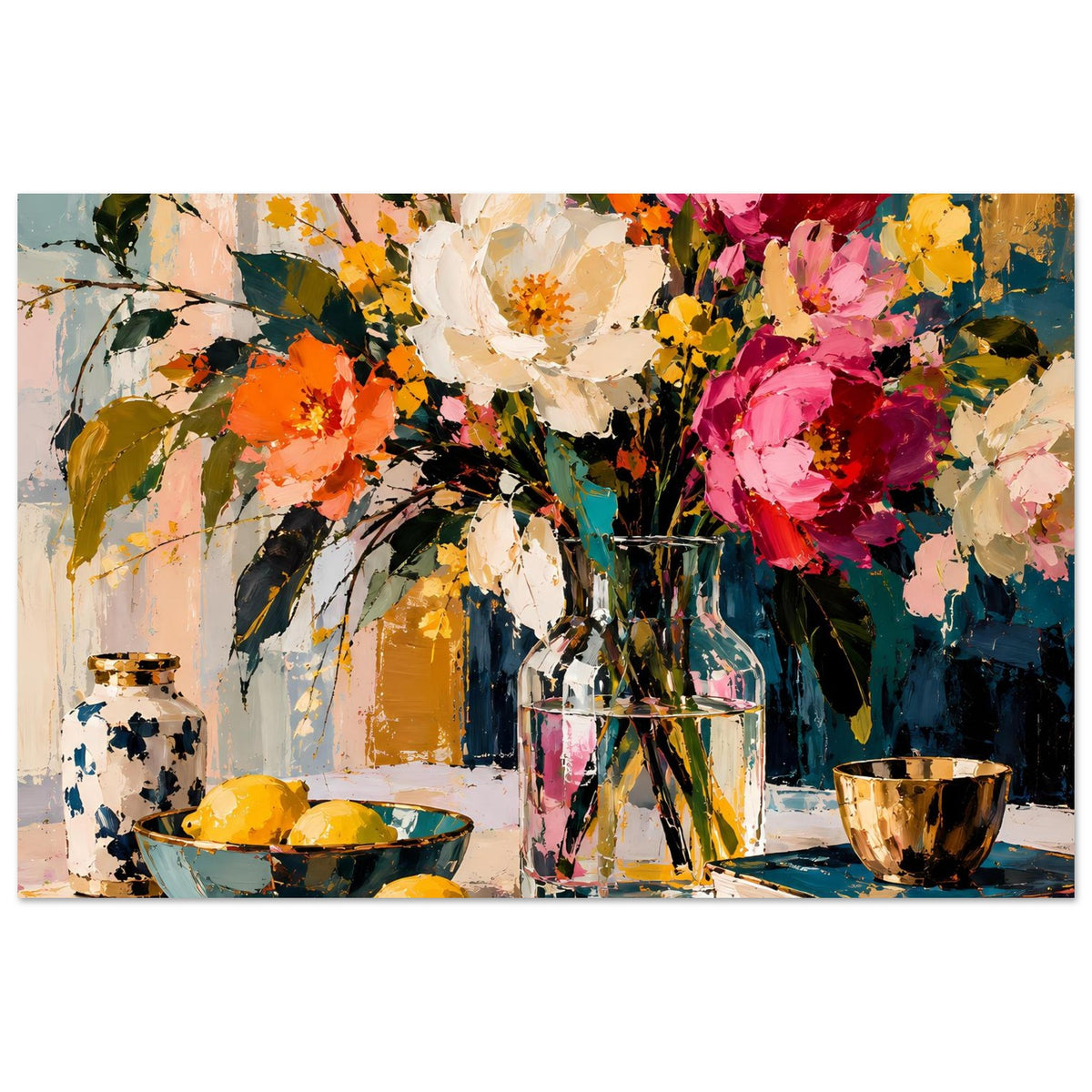 Blumenstillleben-Poster mit kräftigen Blüten, Glasvase mittig und gelben Akzenten auf Tisch