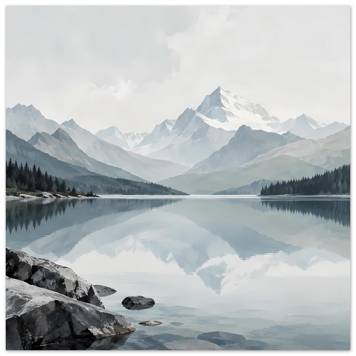 Gerahmter Kunstdruck: Bergsee mit ruhiger Wasseroberfläche und spiegelnder Bergsilhouette