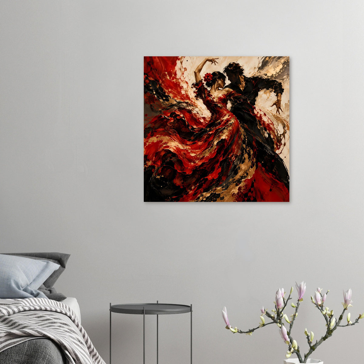 Kleines Poster mit Flamenco-Motiv: rotes Kleid, schwarz-gold gemischte Farbflächen, Tänzerpose