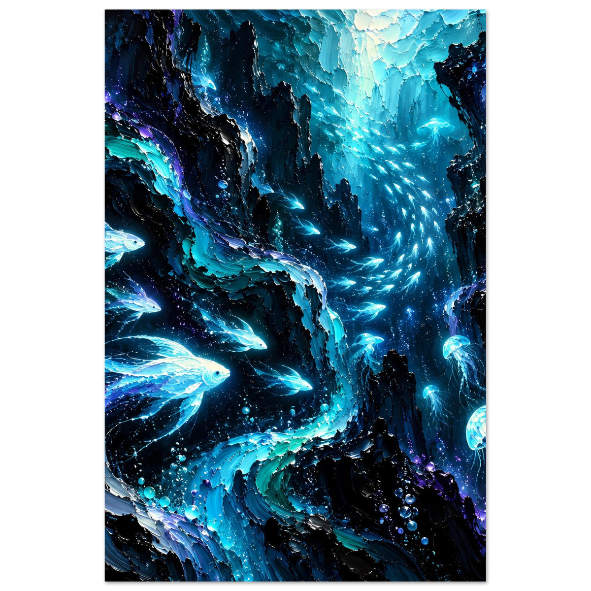 Hochformat-Poster mit leuchtendem Meeresleben: blau leuchtende Fische und Quallen, Tauchblick
