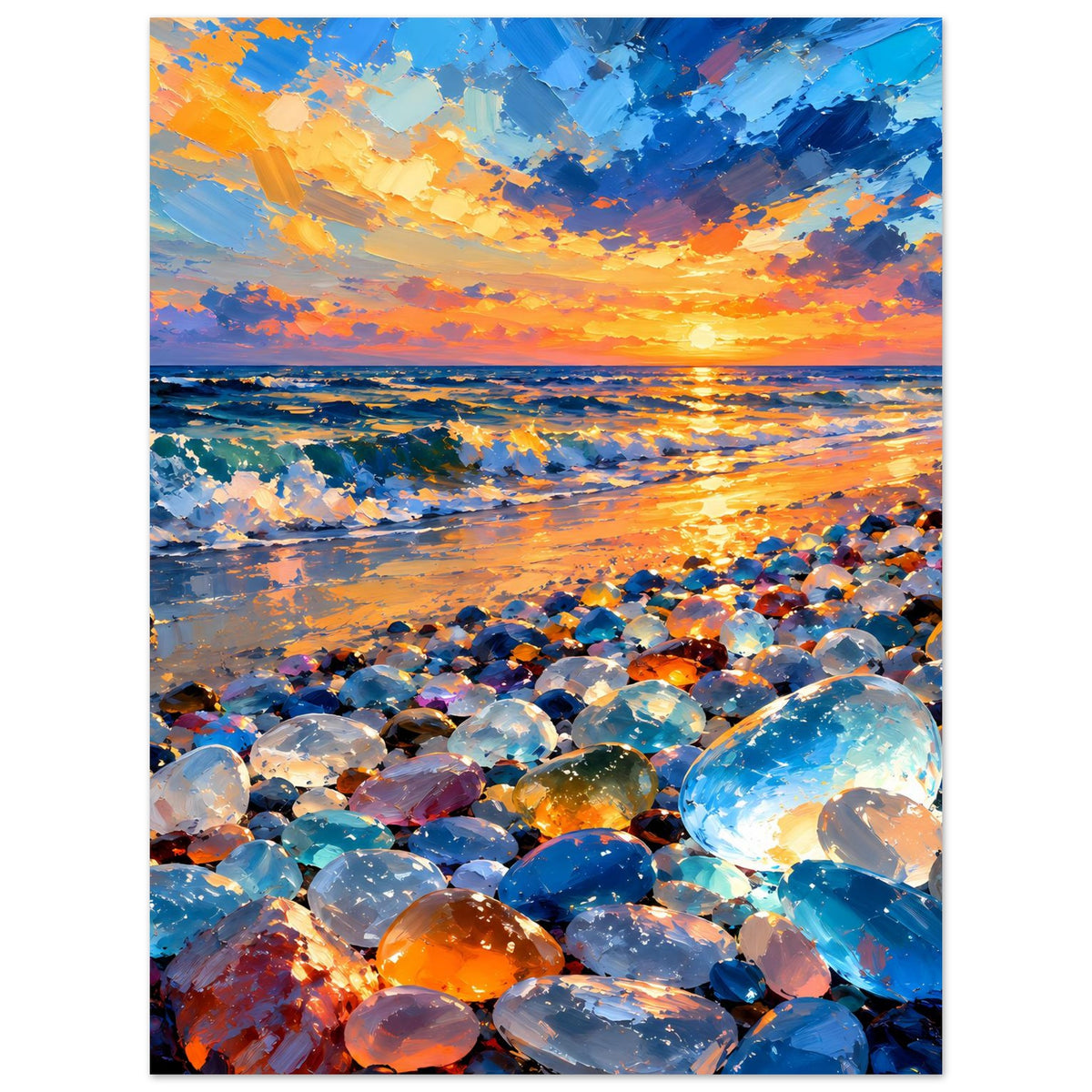 Hochformat-Poster: orangefarbene Sonne am Horizont, Wellen und bunte Strandsteine