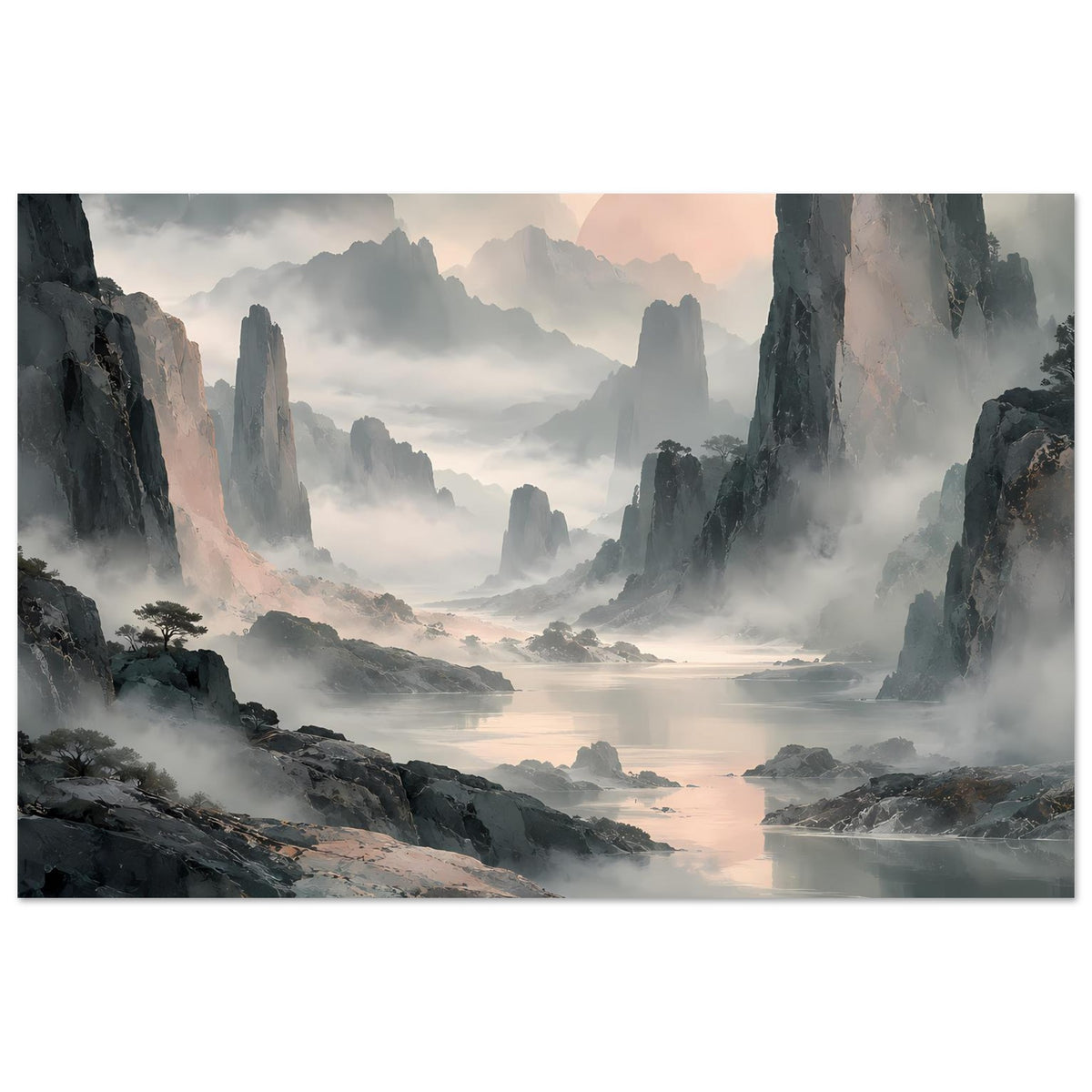 Gerahmtes Querformat-Poster: mystische Felsen und Nebel über ruhigem Wasser