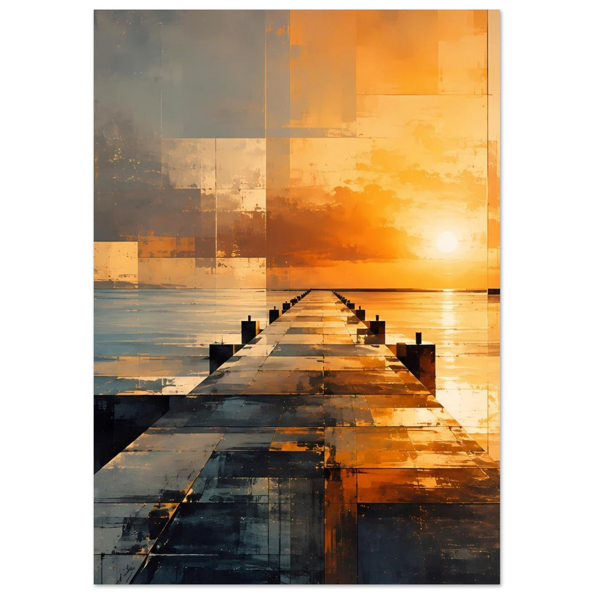 Abstraktes Pier-Poster mit geometrischen Blockformen, Steg in der Bildmitte bei Sonnenuntergang