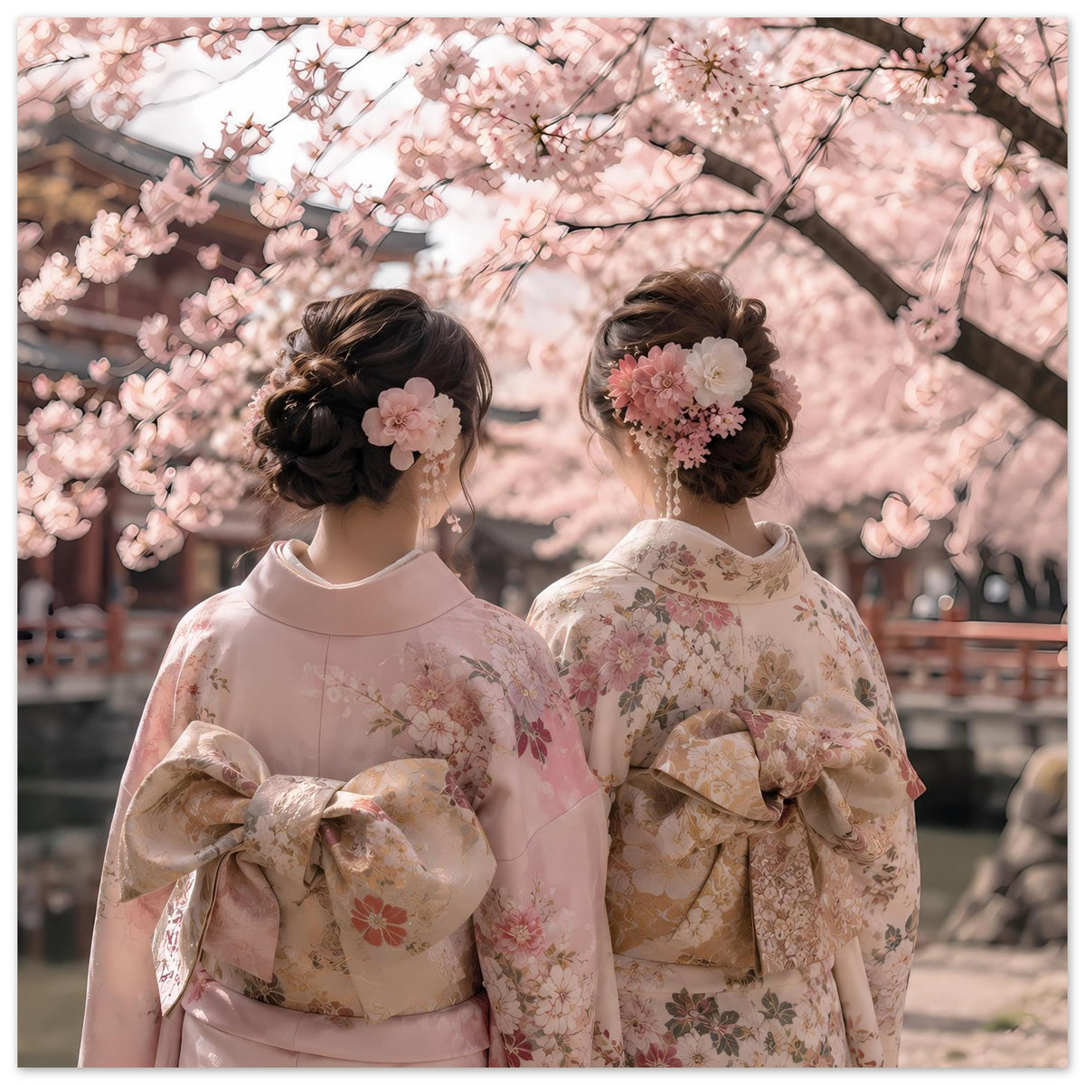 Kimono-Poster im Hochformat: zwei Frauen mit Blumen-Kimonos und Kirschblüten im Hintergrund