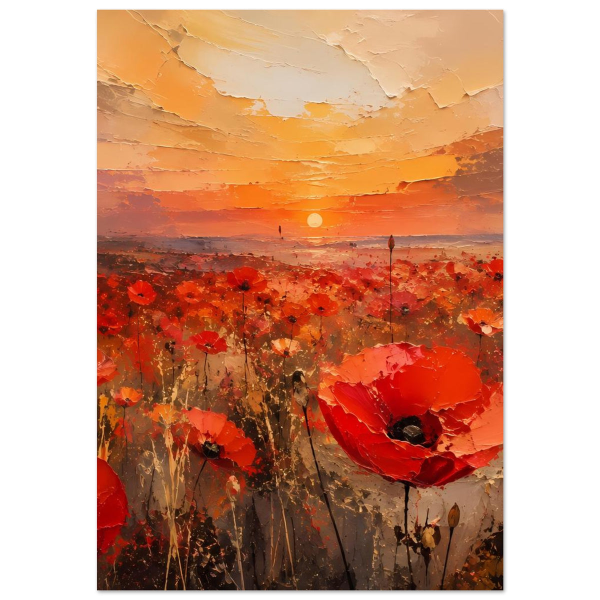 Hochkant-Poster mit rotem Mohnblumenmeer und gold-orangem Sonnenuntergang