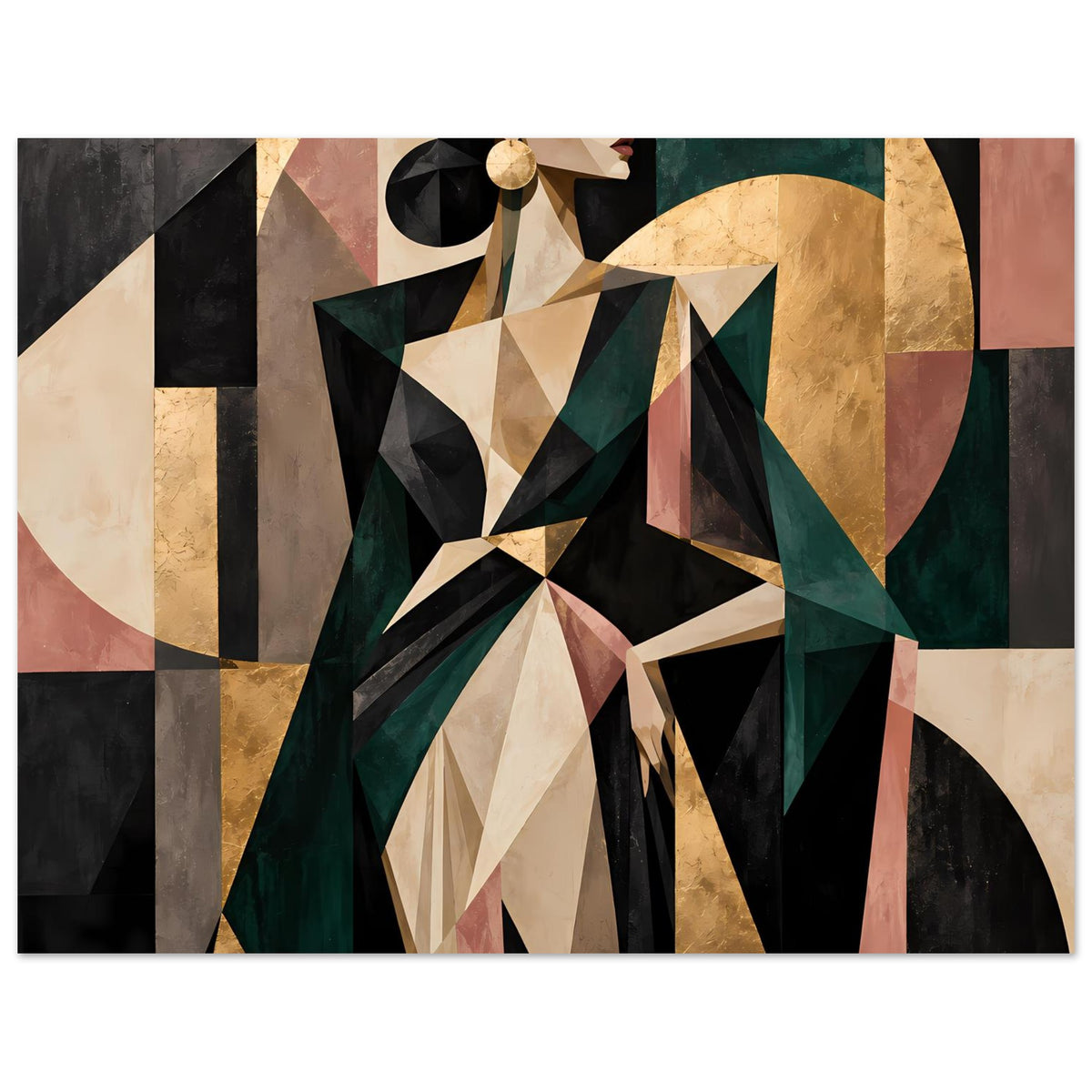 Abstraktes Poster mit geometrischen Formen in Olivgrün, Gold und Rosé