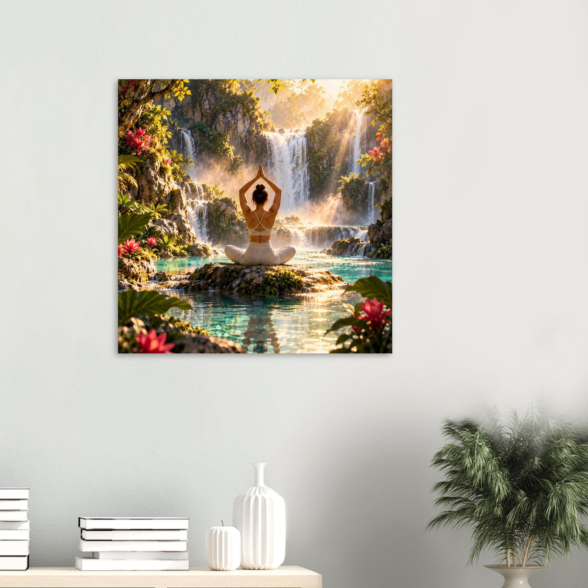 Yoga-Meditationsposter mit Lotus-Pose, Wasserfall, See und bunten Blüten im Motiv