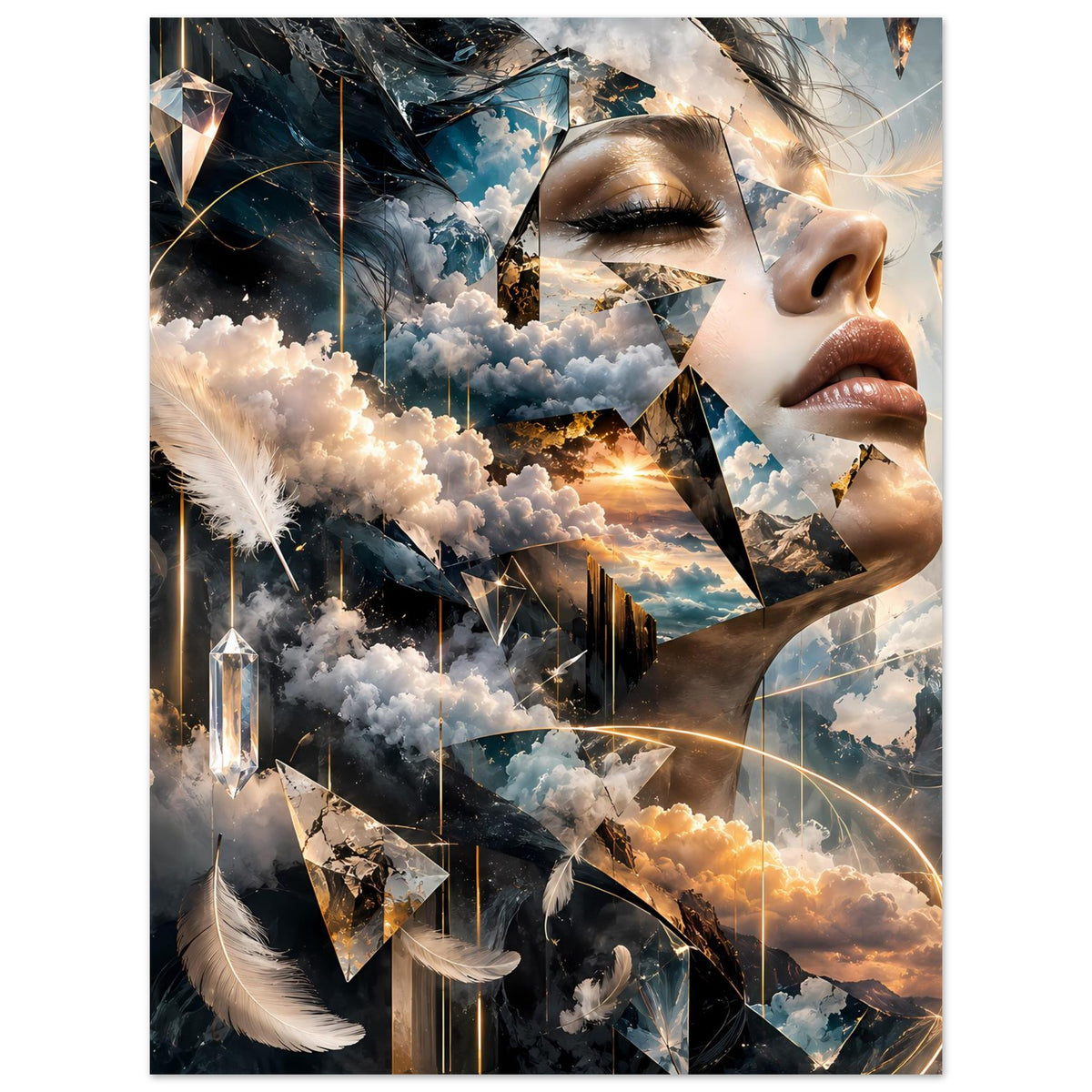 Surrealistisches Poster mit Frauenprofil, Wolkenmeer, schimmernden Dreiecken und goldenen Linien