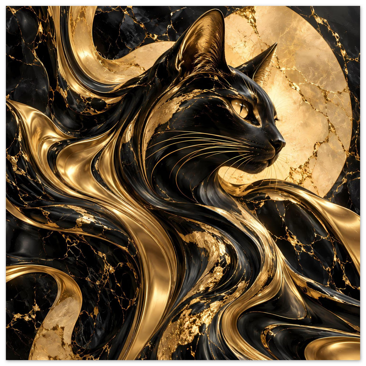Katze im Gold-und-Schwarz-Poster mit abstrakten Wirbeln und Marmoreffekt, Nahansicht