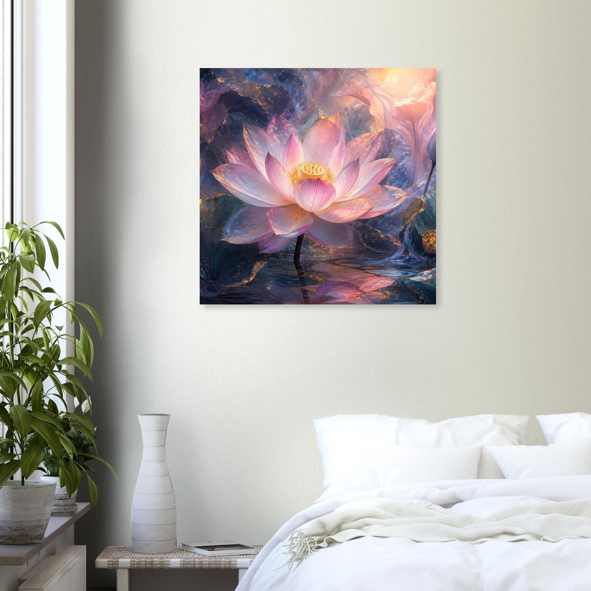 Quadratisches Lotusblüten-Poster mit großer rosa Lotusblüte und goldenem Zentrum im Farbschimmer