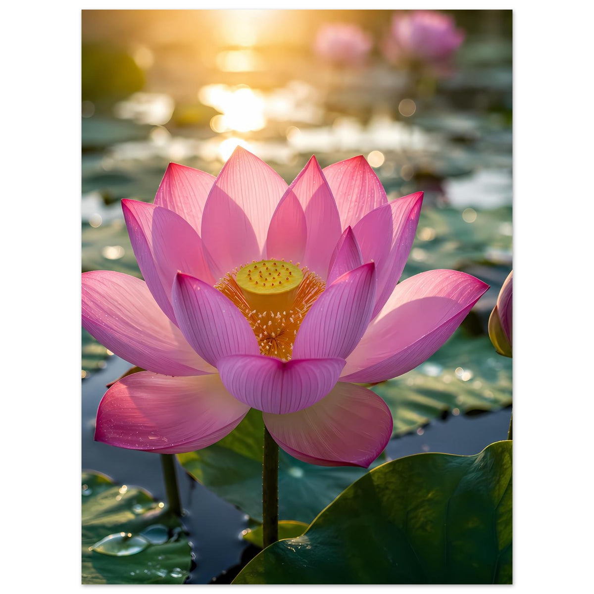 Poster mit rosa Lotusblüte im Wasser und grünen Blättern, gelbes Blütenzentrum sichtbar.