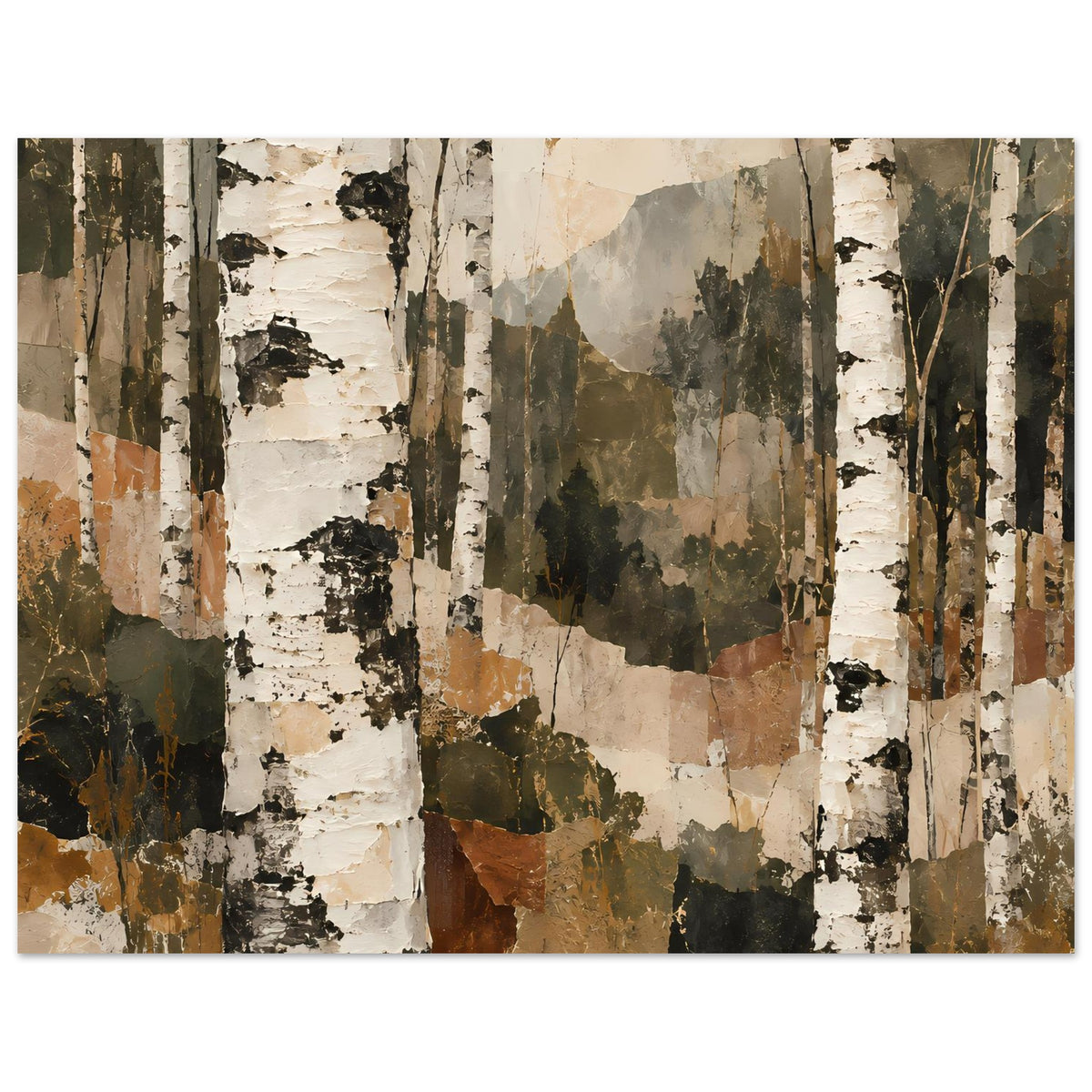 Kunstposter mit Birkenwald-Motiv, Querformat; Birken und Farbflächen in Beige, Grün und Braun
