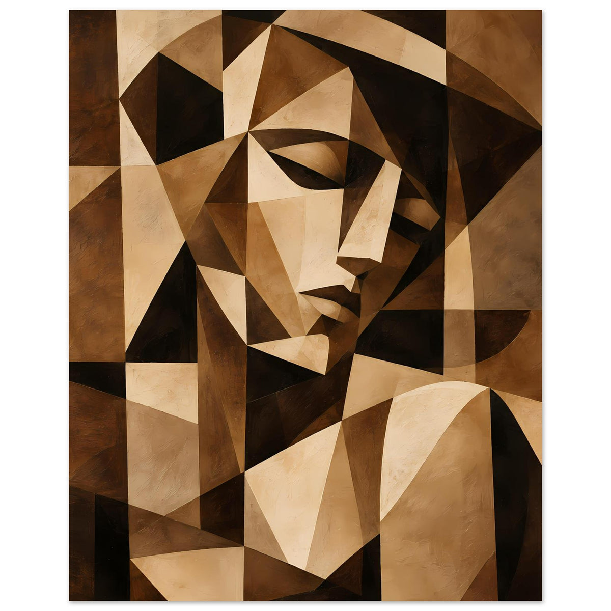 Kunstposter mit kubistischem Porträt in Braun und Beige, kontrastreiche schwarze Formen