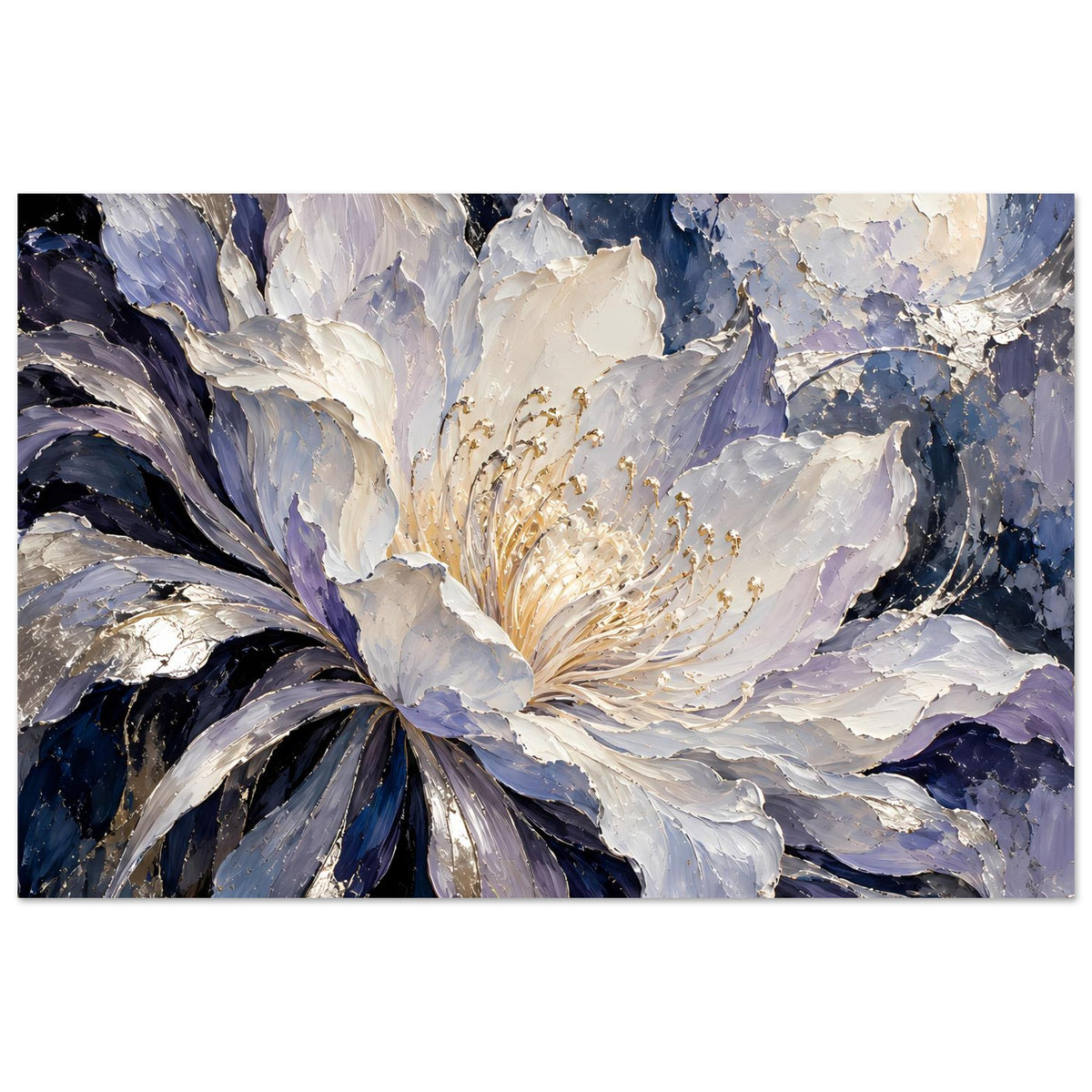 Poster mit zentraler abstrakter Blüte in Weiß und Violett, goldene Staubfäden und Mond