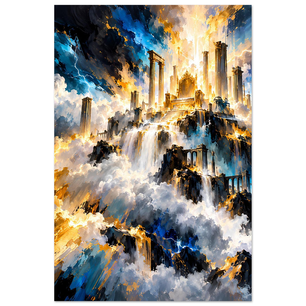 Fantasy-Poster mit goldem Zentrum, dunklen Ruinen, türmchenförmigen Säulen und weißen Wolken