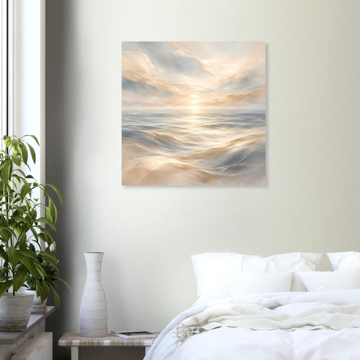 Quadratisches Poster mit Meereswellen und Sonnenaufgang über der ruhigen See
