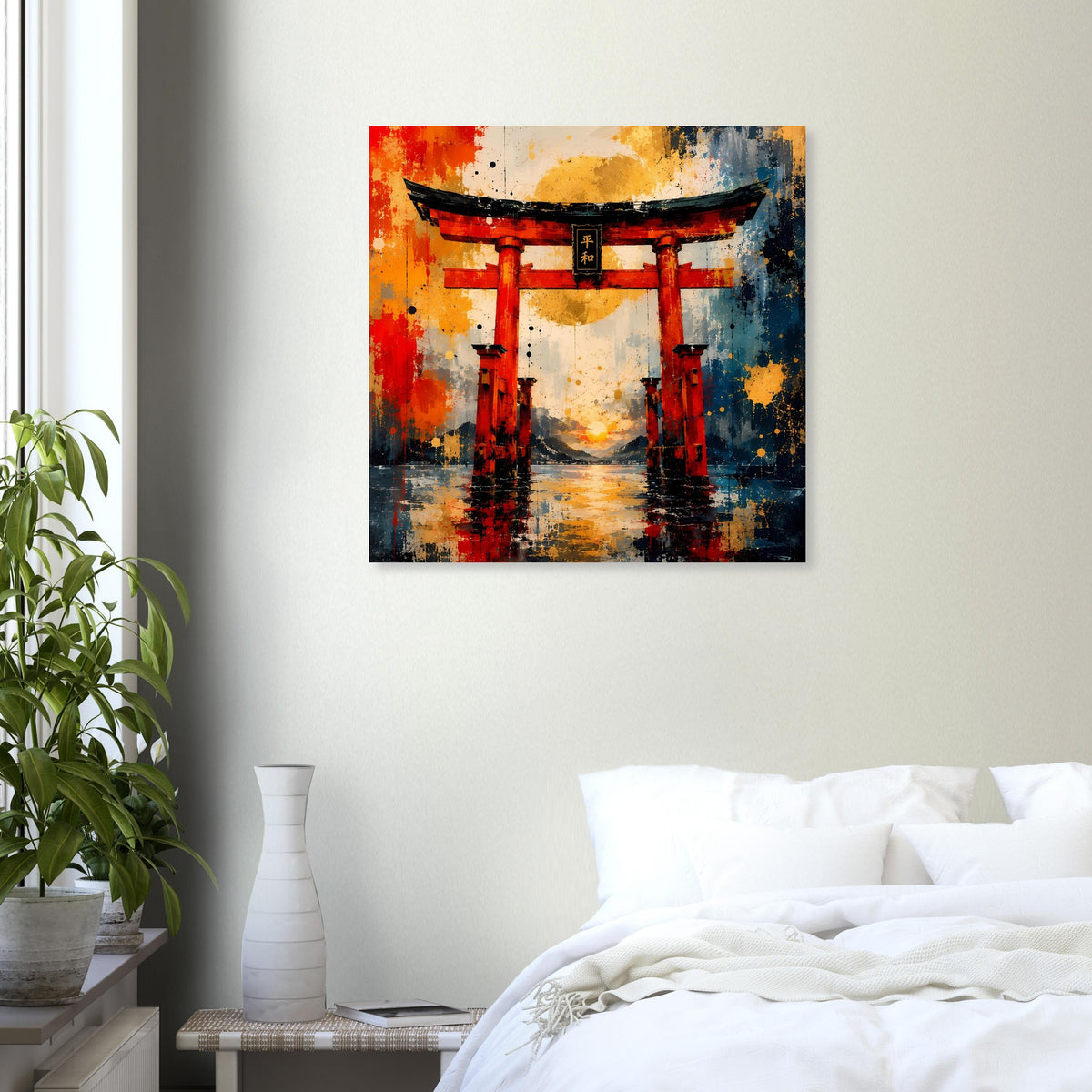 Quadratisches Poster mit rotem Torii-Tor und reflektierendem, abstraktem Hintergrund