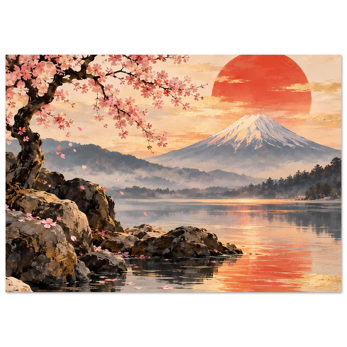 Poster mit Kirschblütenzweigen, roter Sonne, Berg Fuji und See mit Spiegelungen, im Querformat