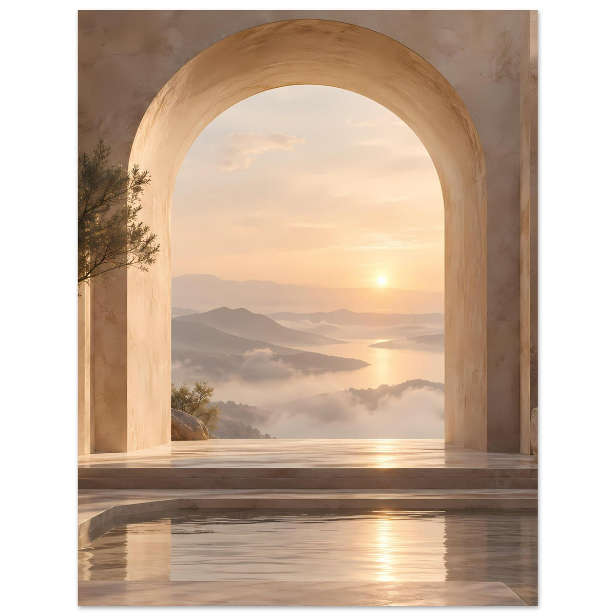 Poster mit Sonnenuntergang hinter Rundbogen, Berge und Nebel über Wasserbecken