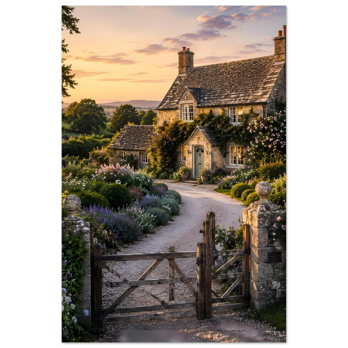 Poster im Hochformat mit Landhaus, Blumenbeeten und Holzzaun am Gartenweg