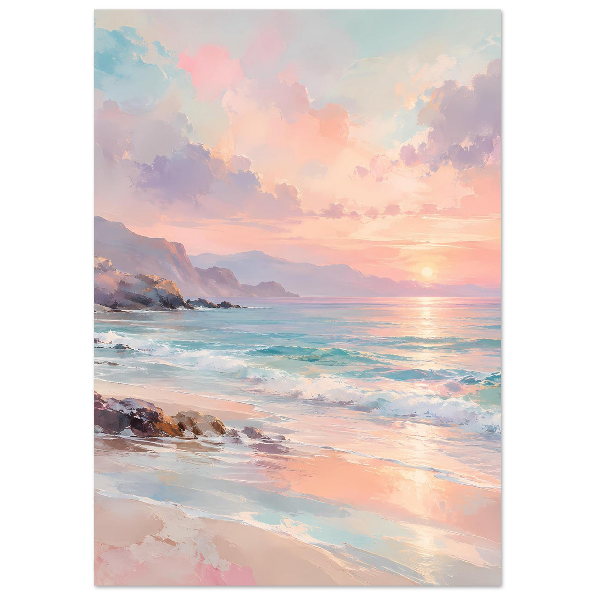 Poster mit Sonnenuntergang über dem Meer, pastellfarben, vertikal, Strand und Wellenlinie