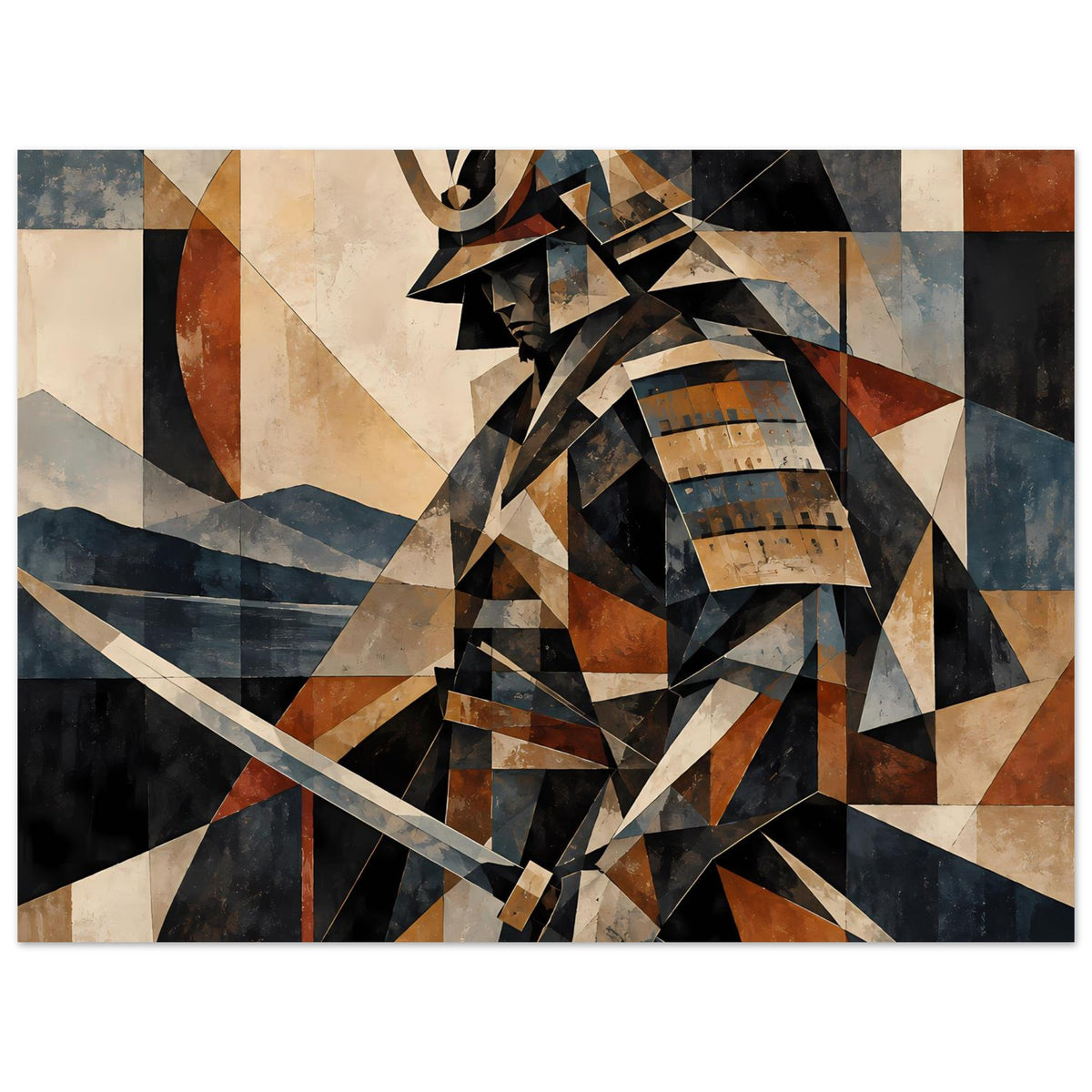 Poster mit geometrischem Samurai-Krieger, Segmente in Beige, Schwarz, Rostbraun und Dunkelblau