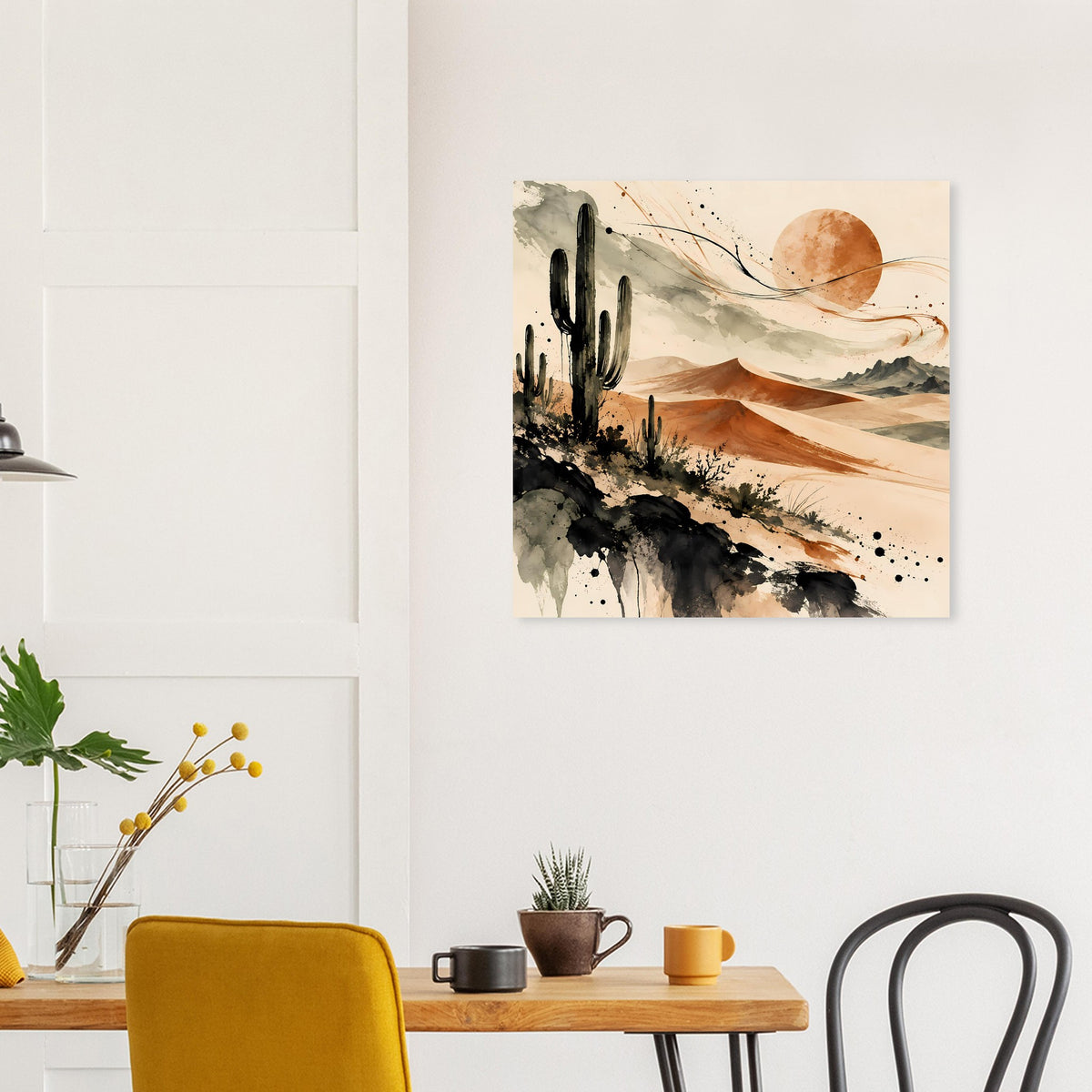 Rechteckiger Kunstdruck: Wüstenlandschaft mit Kaktus, warmen Erdtönen und Sonne.