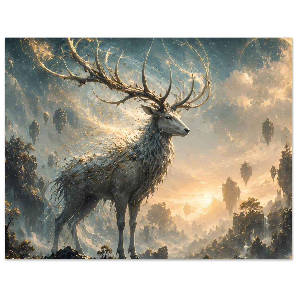 Breitformat-Poster mit Hirsch und weit verzweigtem Geweih mit goldenen Linien