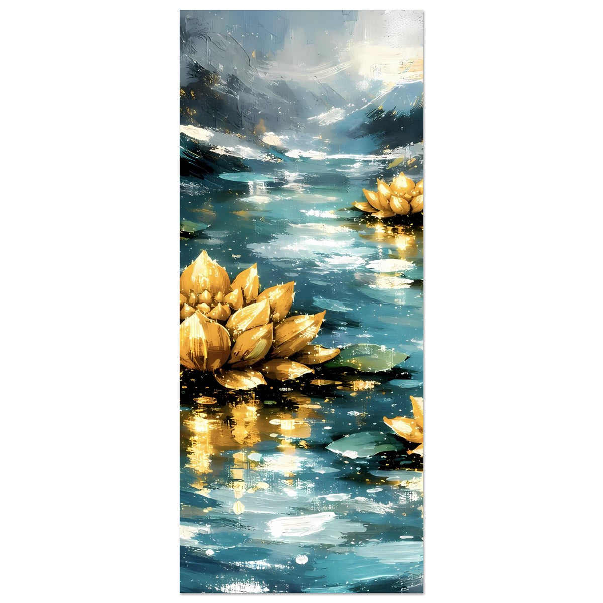 Hochkant-Poster mit goldenen Lotusblüten, Blick auf Wasserfläche und Lichtreflexe