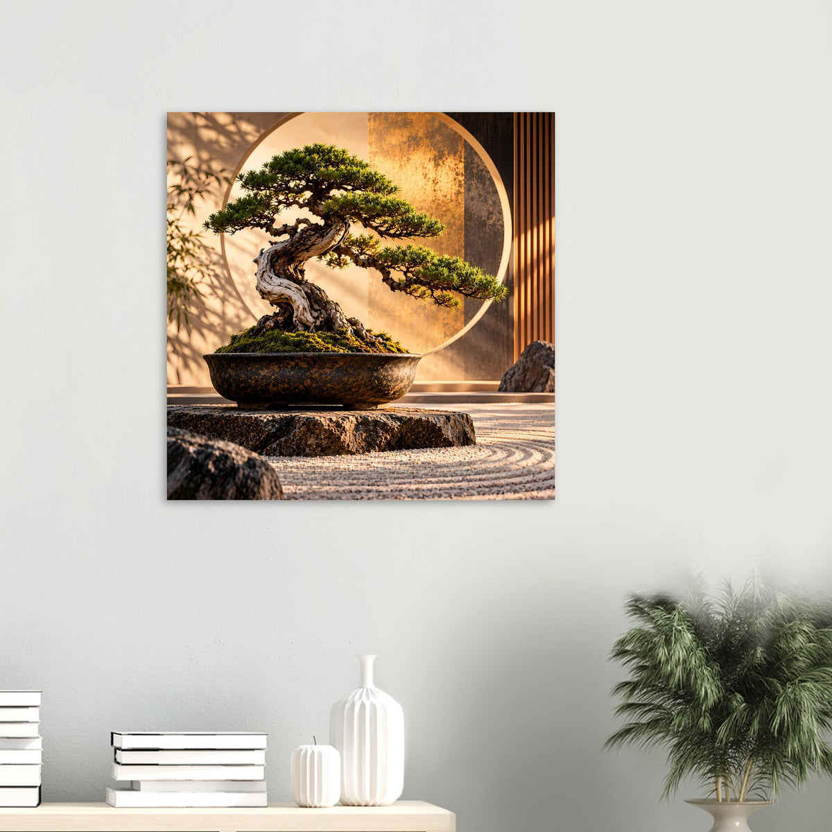 Poster an der Wand: Bonsai in Schale vor rundem, goldfarbenem Rahmen im Motiv