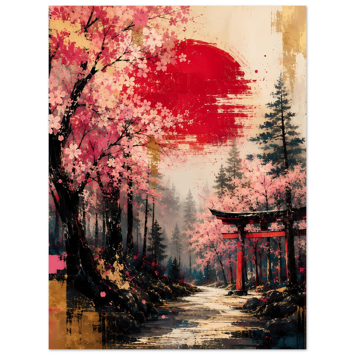 Poster mit Kirschblüten in Rosa und Rot, Torii-Tor am Weg mit Wald im Hintergrund