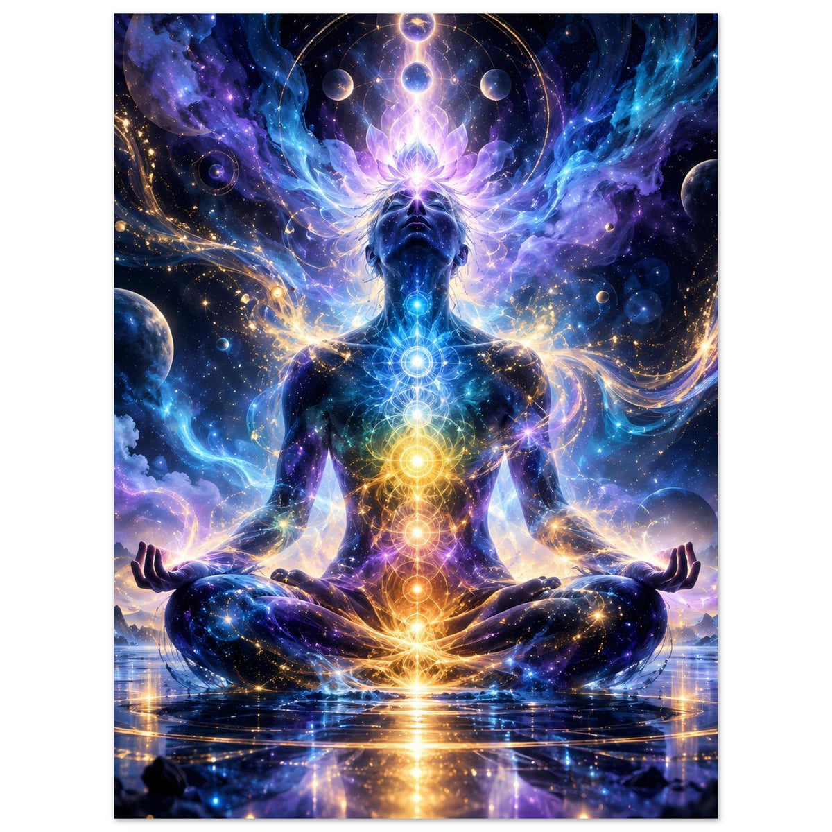 Meditierende Chakra-Figur im Lotussitz mit leuchtender Chakra-Säule (blau, gelb, lila)
