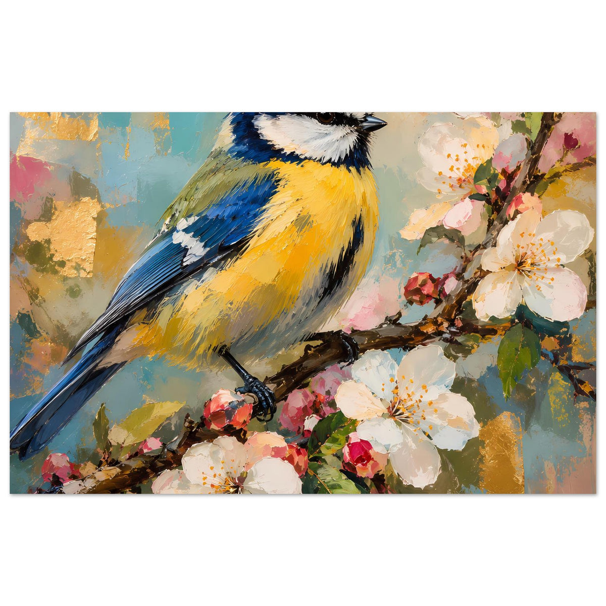 Vogelkunst-Poster: blauer und gelber Vogel auf blühendem Zweig mit Frühlingsblüten