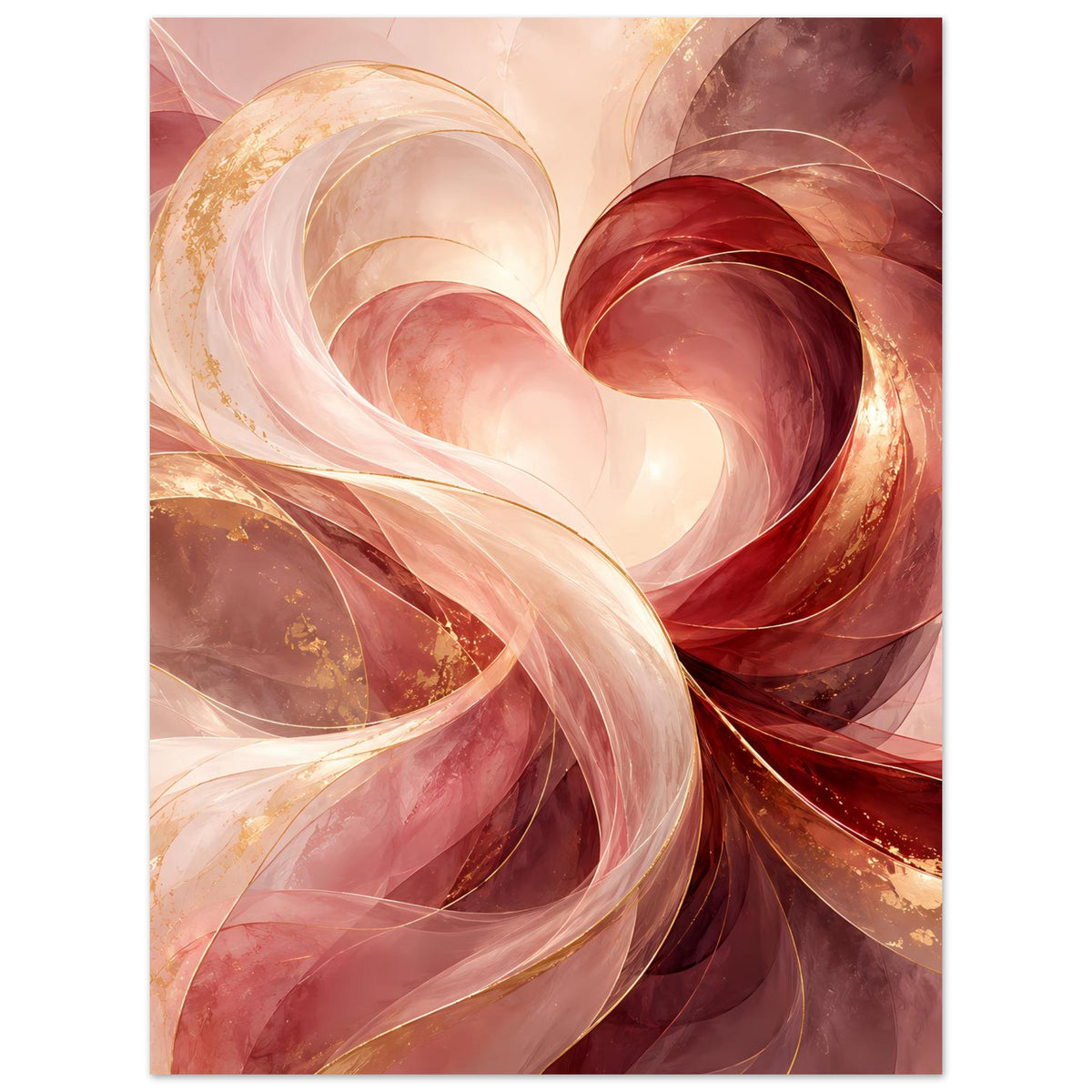 Poster mit Herz aus pastelligen Wirbeln, Rot, Gold und cremefarbenem Licht