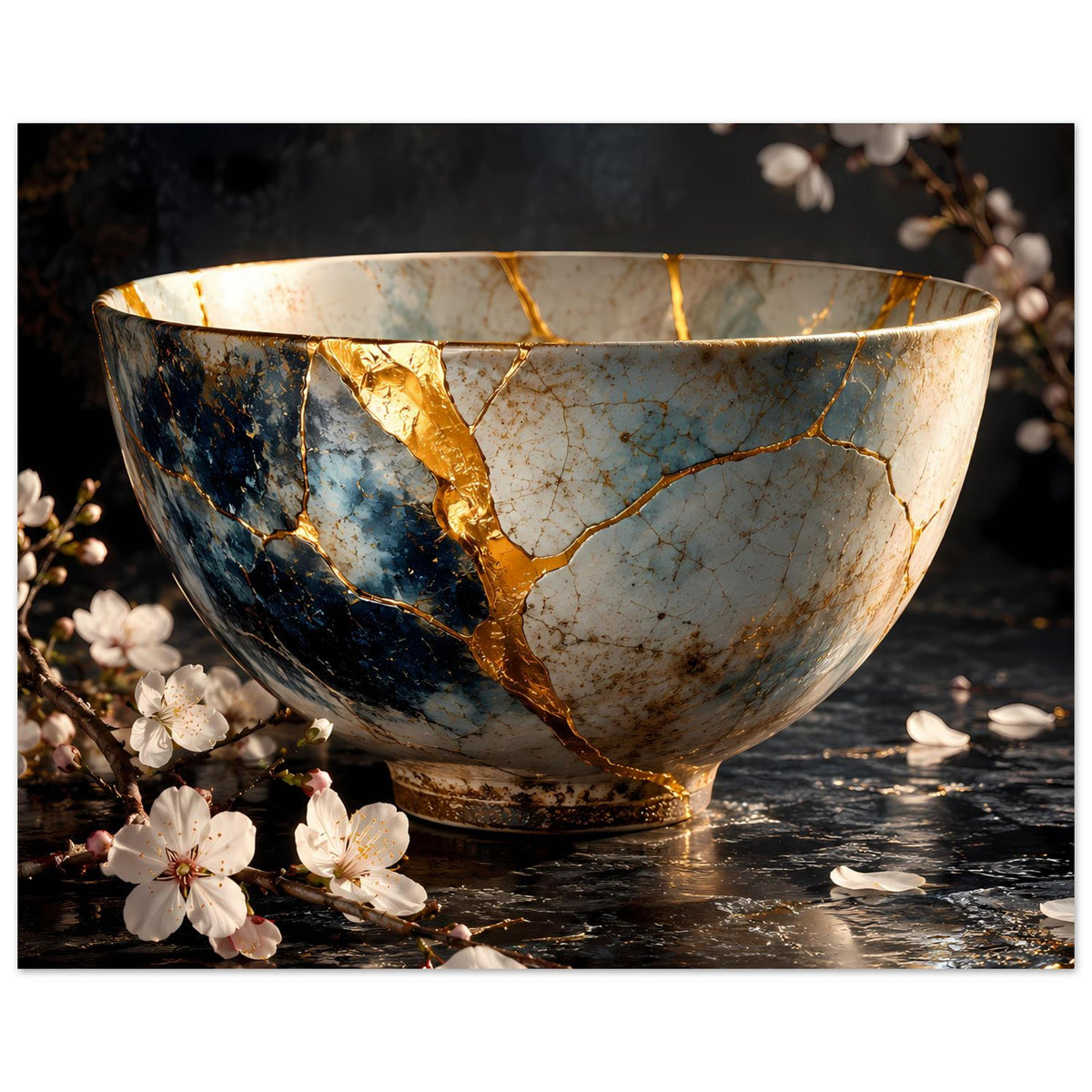 Poster mit Schale im Kintsugi-Design: goldene Bruchkante, blau-weiße Risse, Glanzlicht