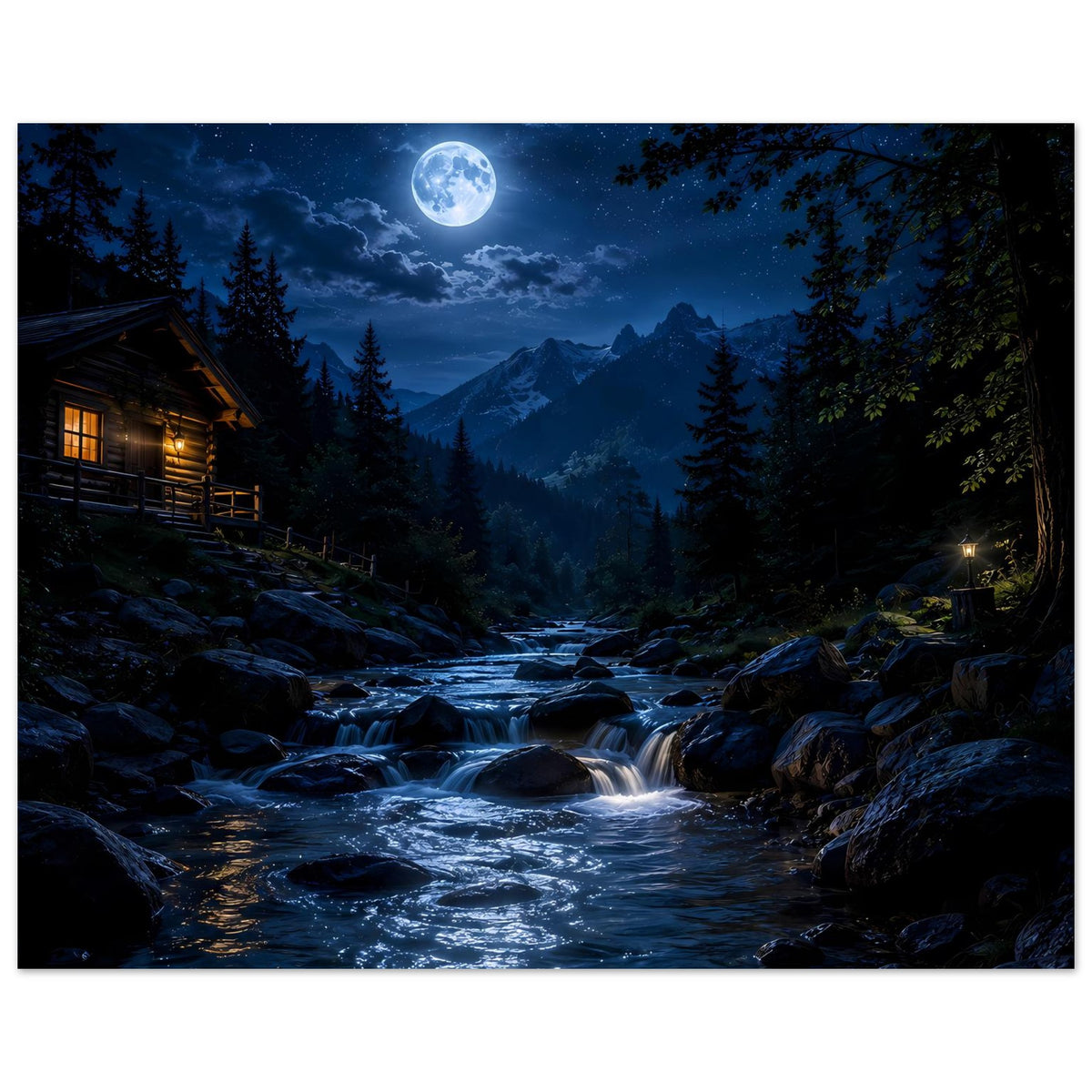 Panorama-Poster mit Bergbach bei Nacht, Vollmond über Bergen und dunklem Nadelwald