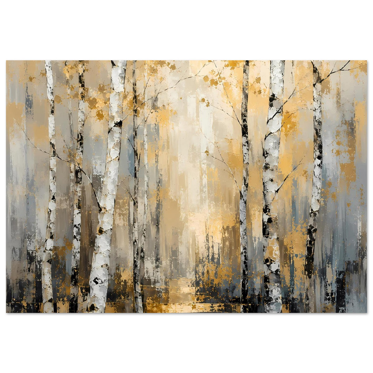 Poster im Querformat: Birkenwald mit weißen Stämmen, goldbraunen Spritzern, blau-grau