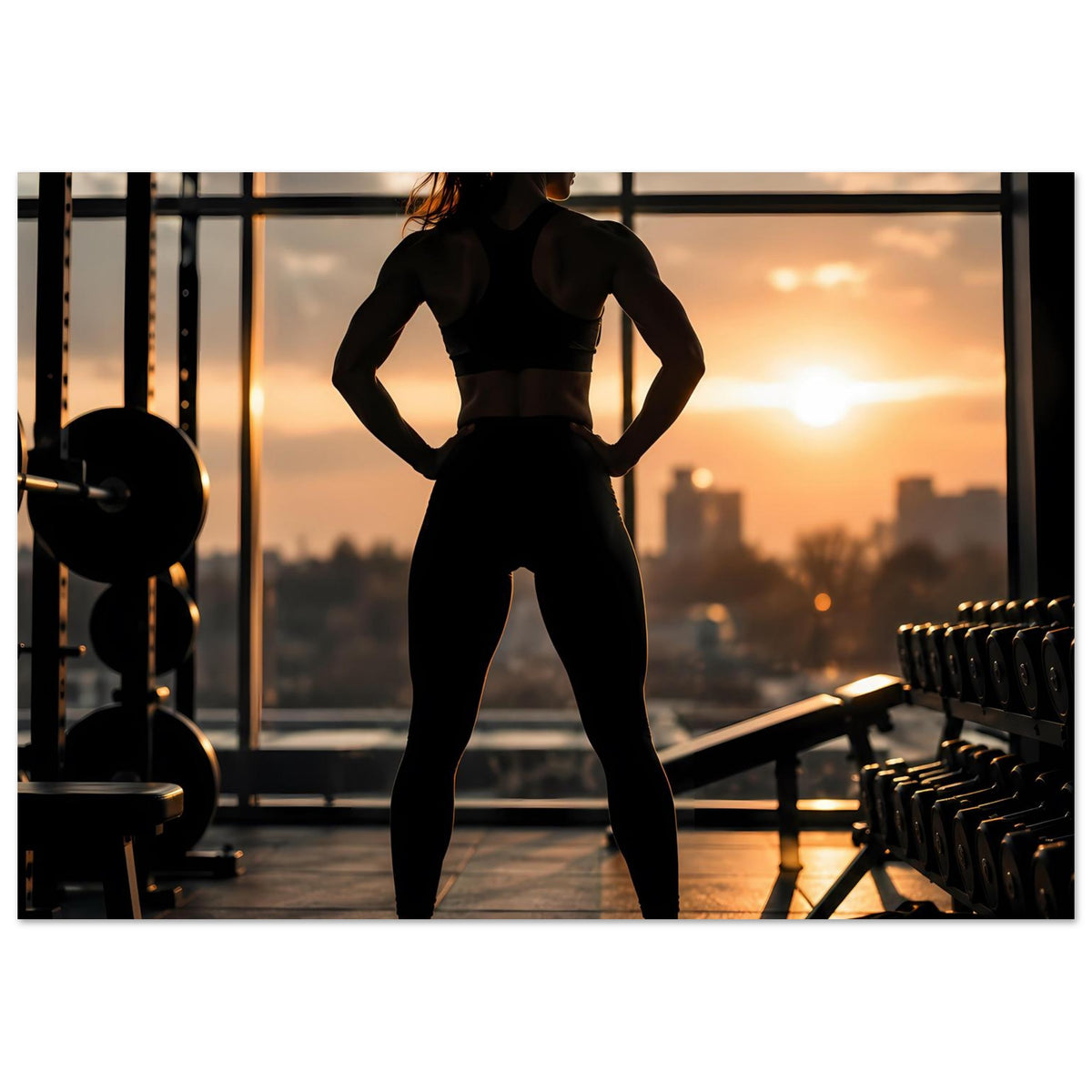 Fitness-Poster: schwarze Sportlerin-Silhouette im Fitnessstudio vor Sonnenuntergang