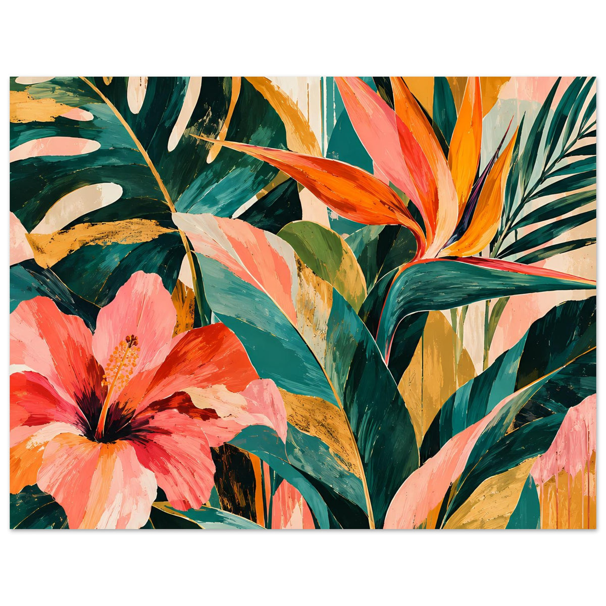 Horizontales Kunstposter mit tropischem Blumenmotiv aus rosa Blüten, orangefarbenen Blättern und Grün