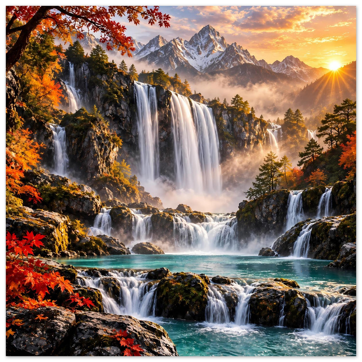Poster mit breiten Wasserfällen, türkisfarbenem Fluss, Nebel und Bergen im goldenen Herbstlicht