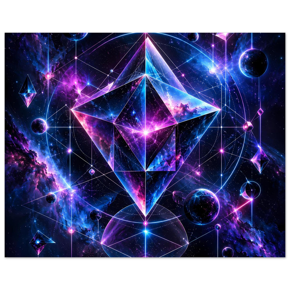 Poster im Querformat mit kosmischem Geometrie-Design, farbige Planeten und Linien