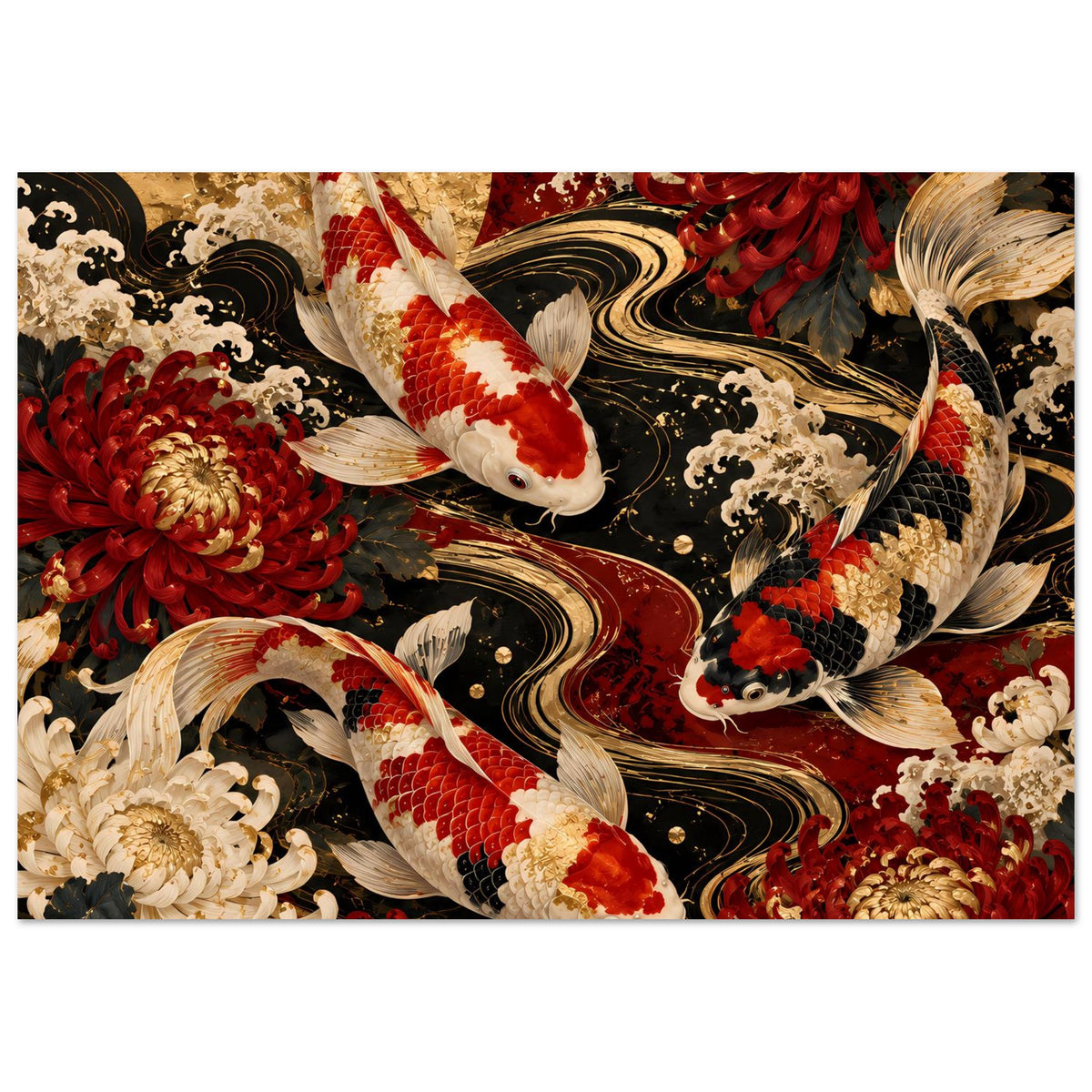 Koi-Karpfen Poster, fokussierte Komposition mit weißen Koi, roten Blüten und goldenen Akzenten
