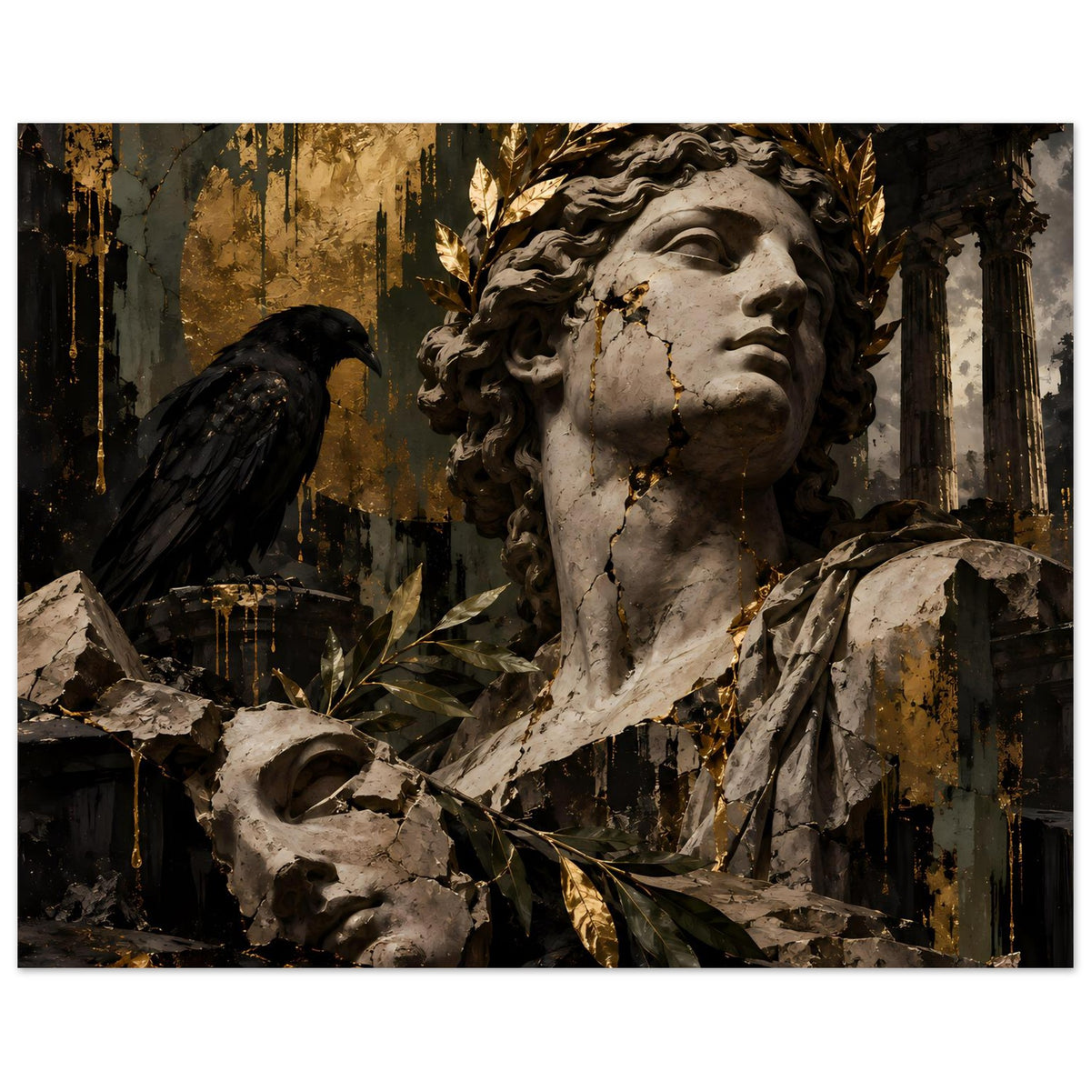 Barockes Poster: Statue im Halbprofil mit Lorbeer, Goldakzenten und Vogel