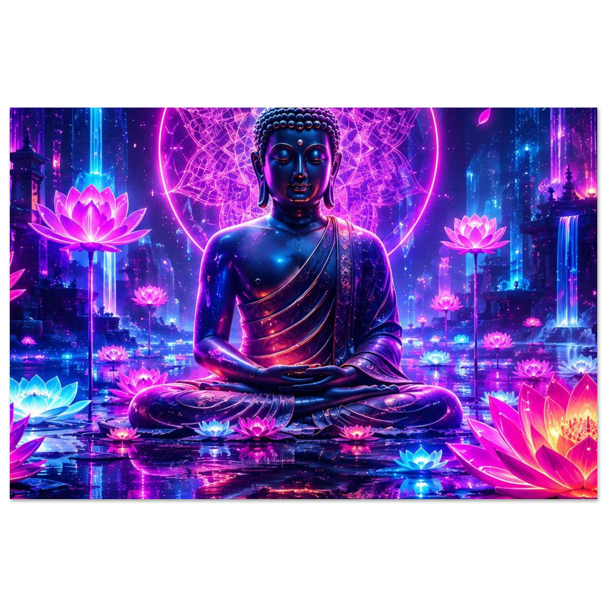 Poster mit Buddha im Lotussitz, leuchtenden Lotusblüten und rundem Neon-Heiligenschein