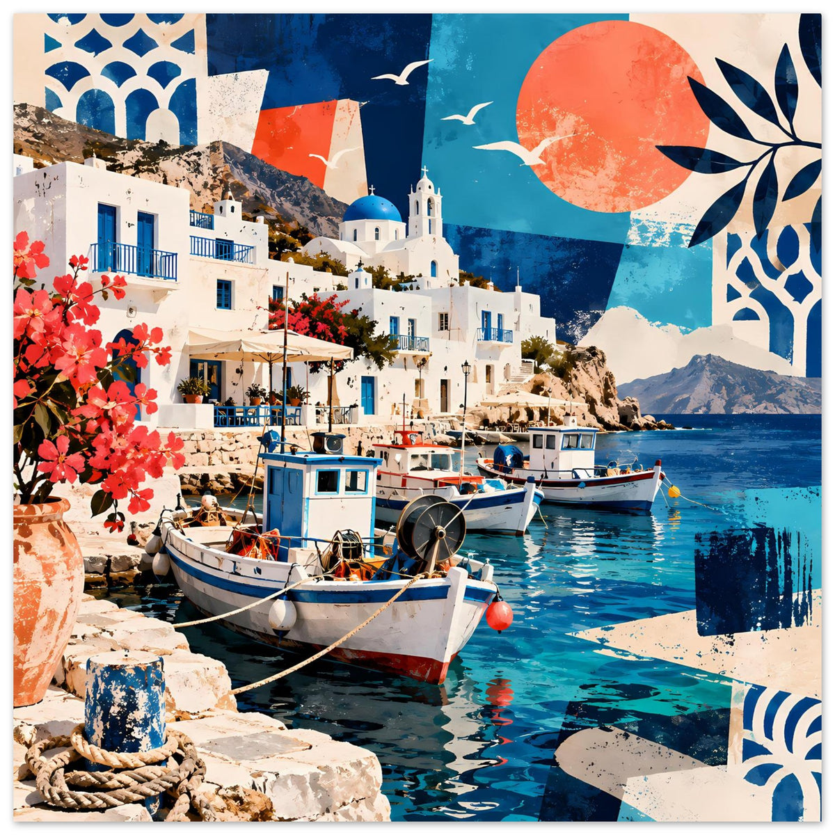 Hafenmotiv-Poster mit Booten, weiß-blauen Häusern, roter Blütenpflanze und blauem Wasser