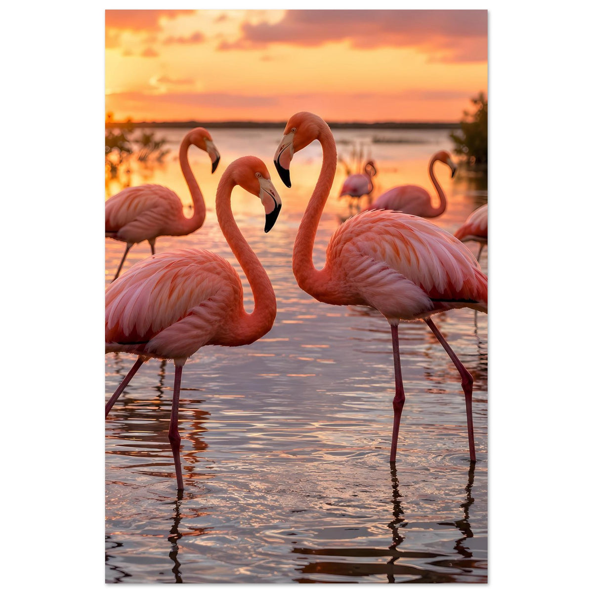 Wandposter mit mehreren rosa Flamingos, Sonnenuntergang über Wasser und Reflexionen