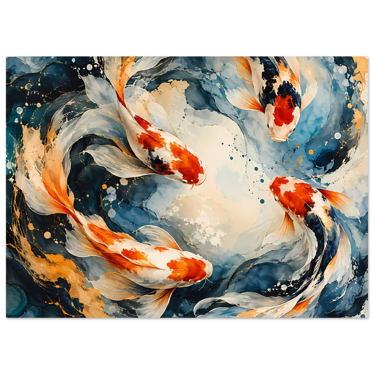 Koi-Fisch-Poster mit Wasserwirbel, Blau und Orange, dynamisches Motiv, horizontal